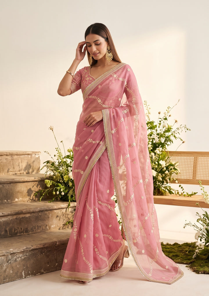 Pink Threadwork Georgette Saree