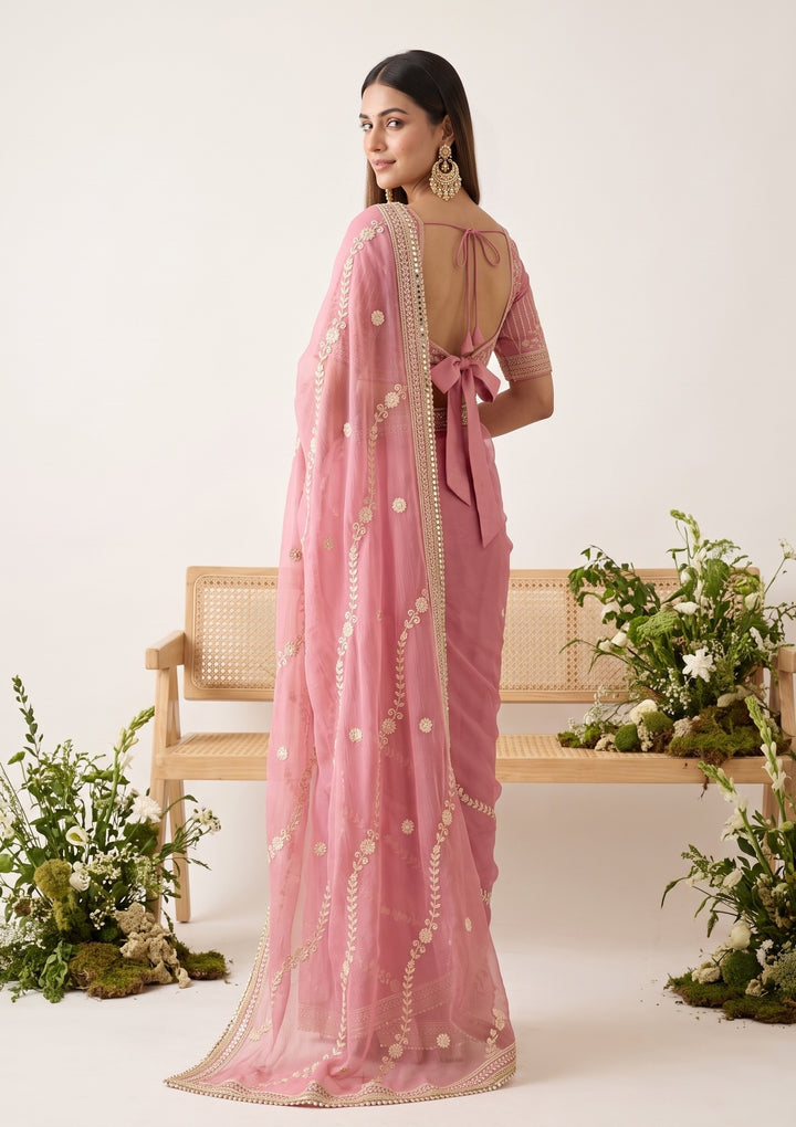 Pink Threadwork Georgette Saree
