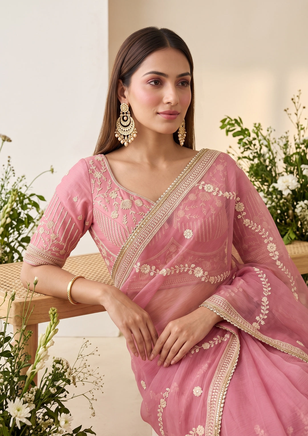 Pink Threadwork Georgette Saree