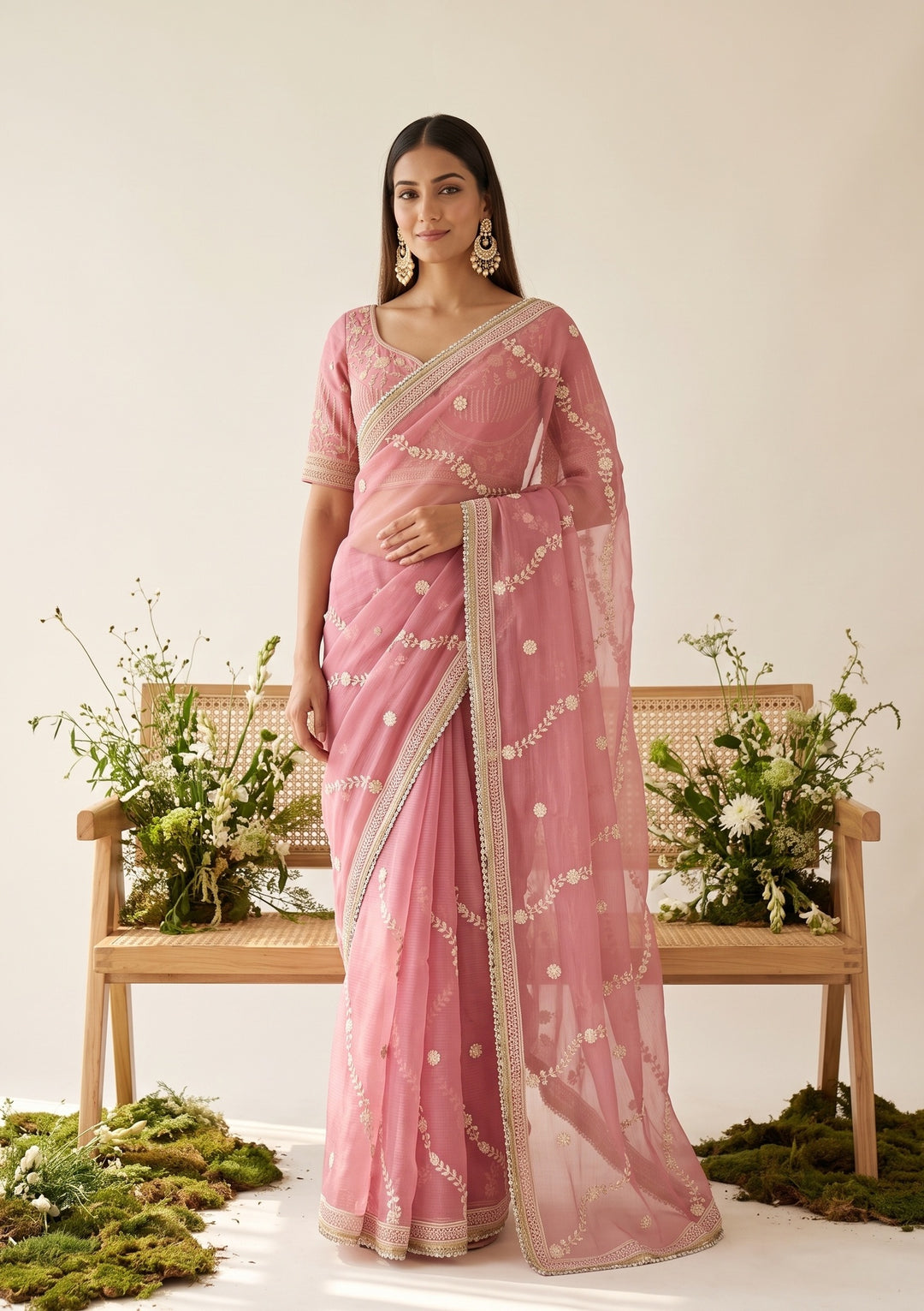 Pink Threadwork Georgette Saree