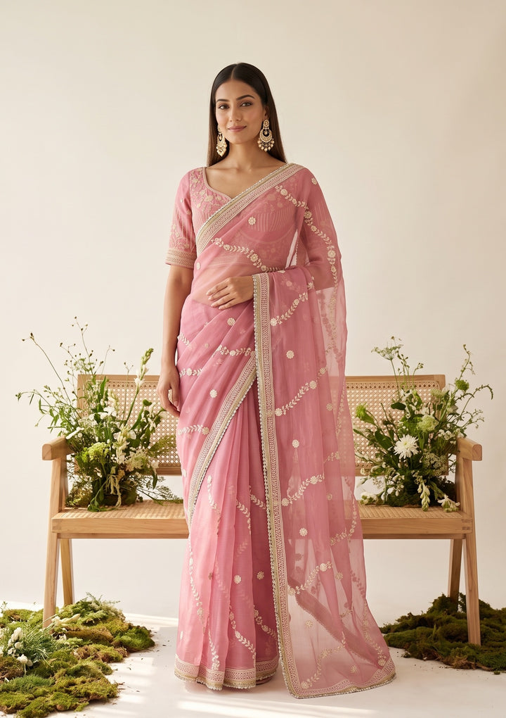 Pink Threadwork Georgette Saree