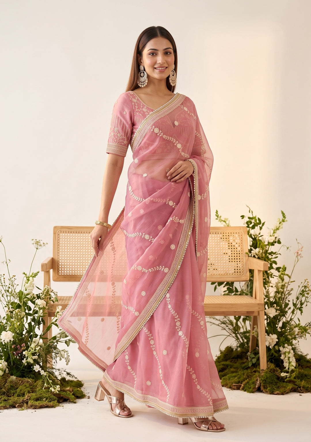 Pink Threadwork Georgette Saree