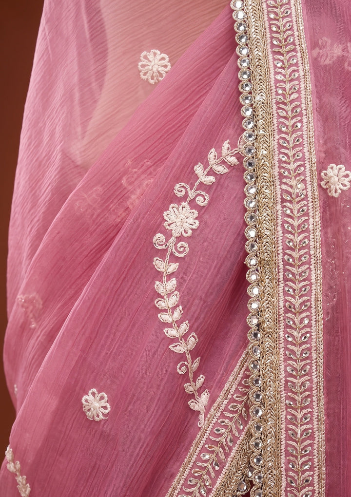 Pink Threadwork Georgette Saree