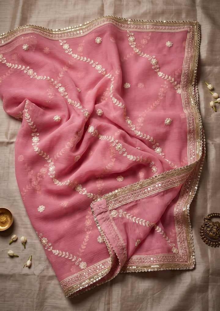 Pink Threadwork Georgette Saree