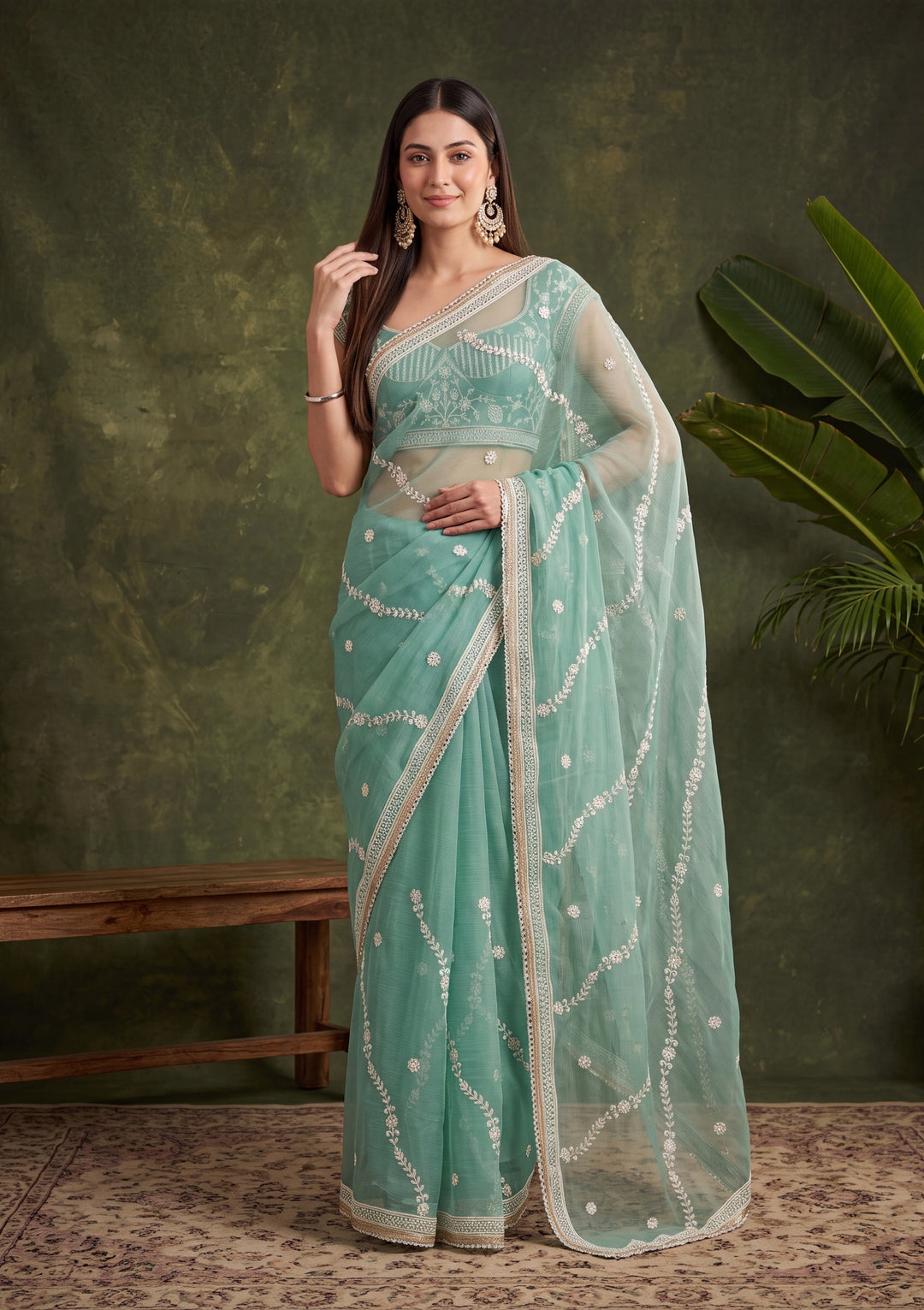 Sea Green Threadwork Georgette Saree With Matching Blouse Piece
