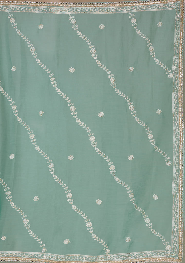 Sea Green Threadwork Georgette Saree With Matching Blouse Piece