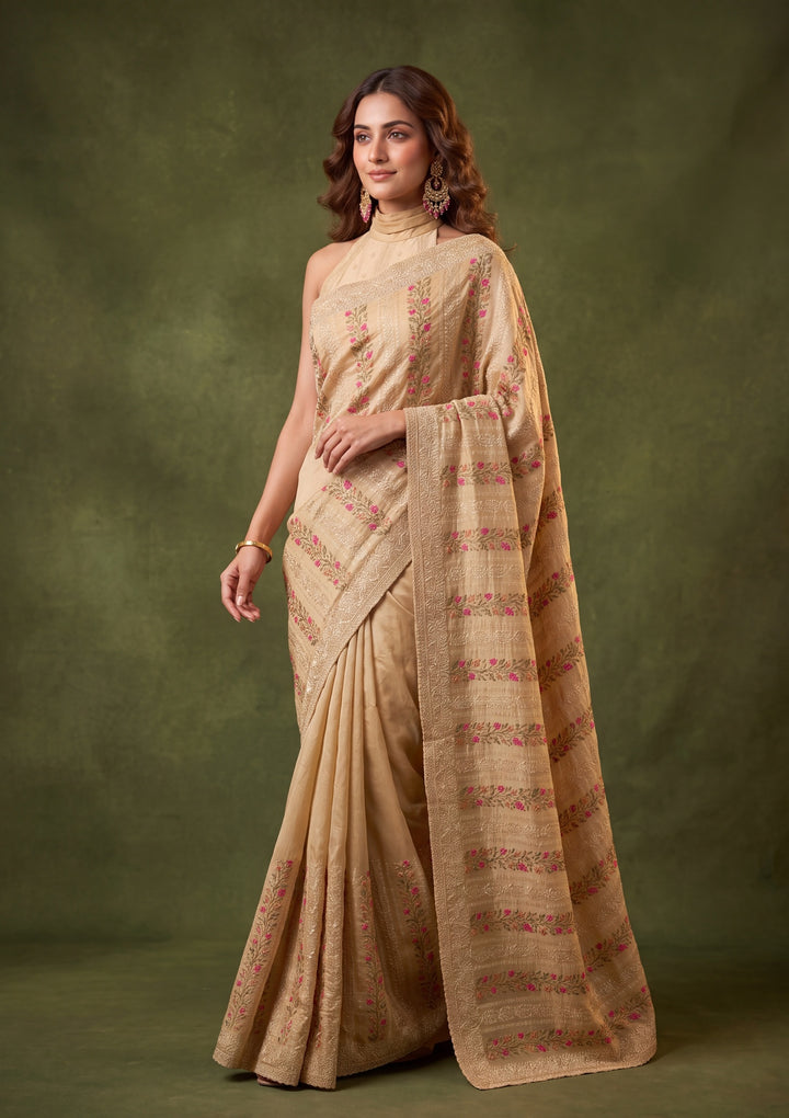 Beige Cotton Threadwork Saree With Matching Blouse Piece