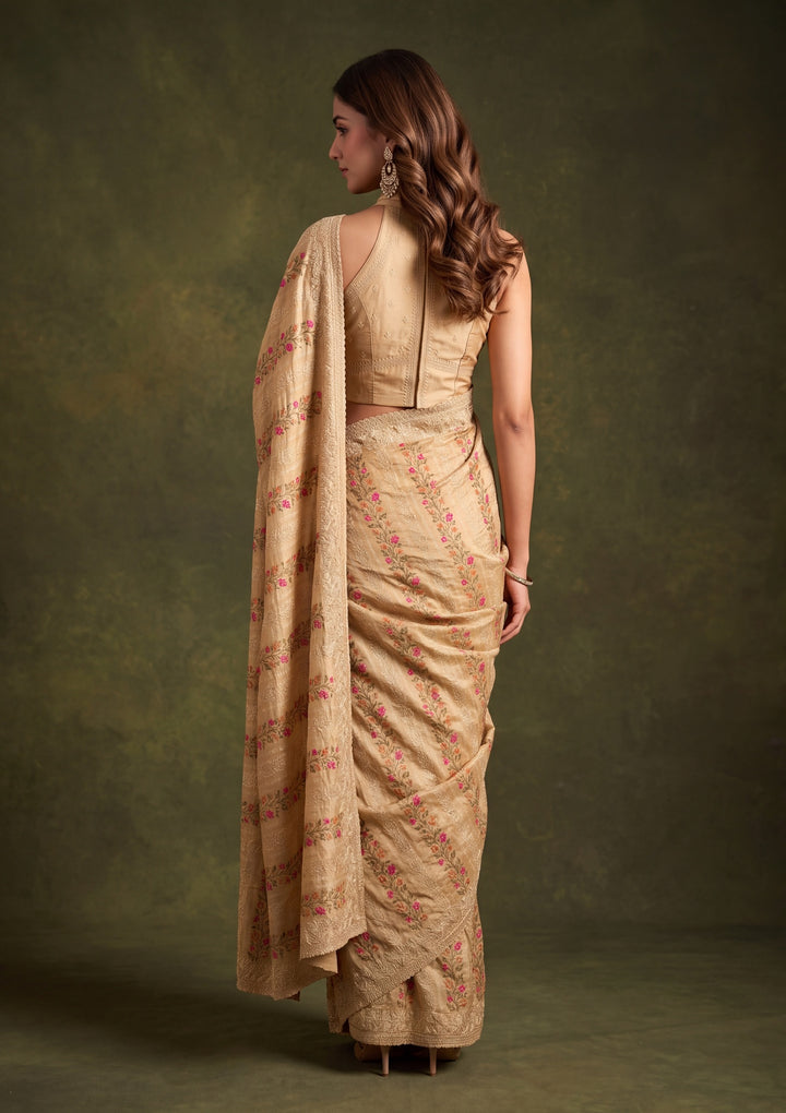 Beige Cotton Threadwork Saree With Matching Blouse Piece