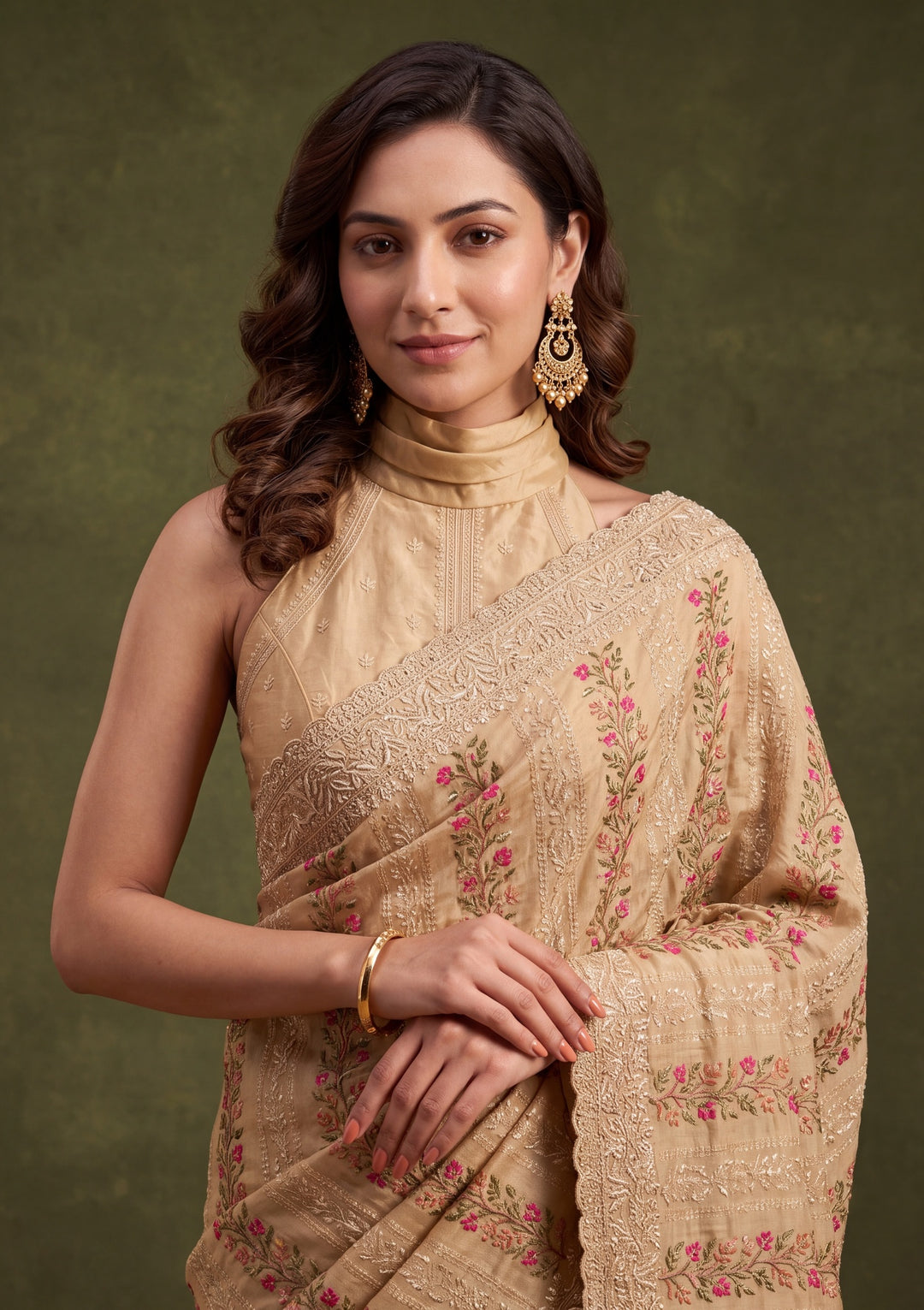 Beige Cotton Threadwork Saree With Matching Blouse Piece