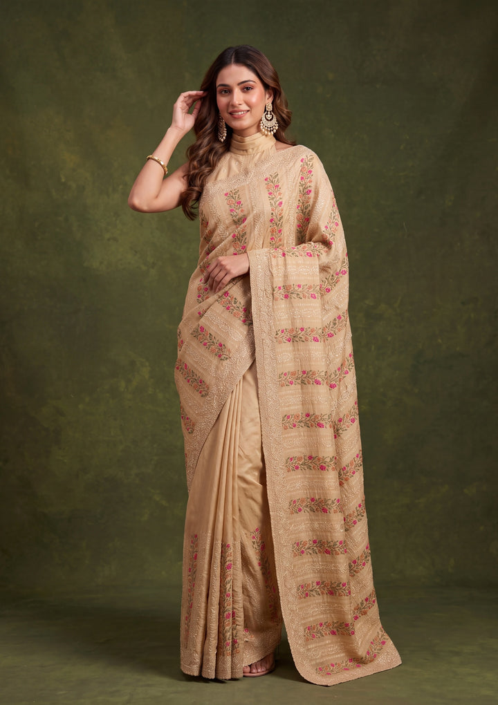 Beige Cotton Threadwork Saree With Matching Blouse Piece