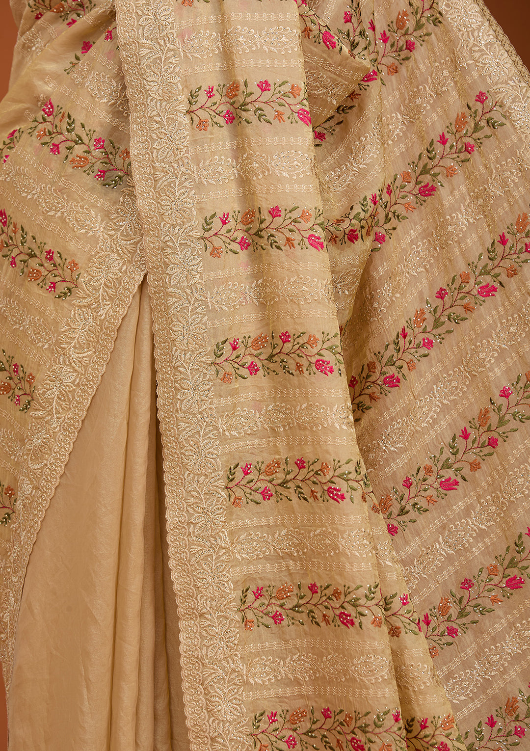 Beige Cotton Threadwork Saree With Matching Blouse Piece