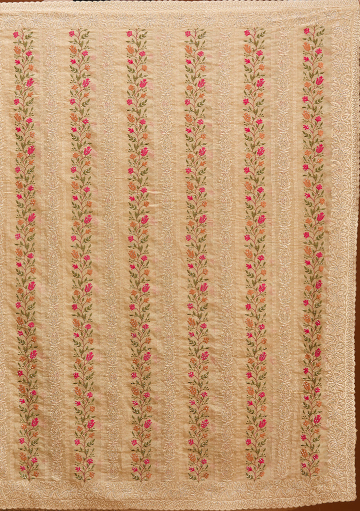 Beige Cotton Threadwork Saree With Matching Blouse Piece