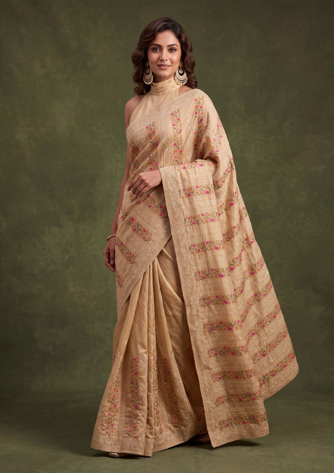 Beige Cotton Threadwork Saree With Matching Blouse Piece
