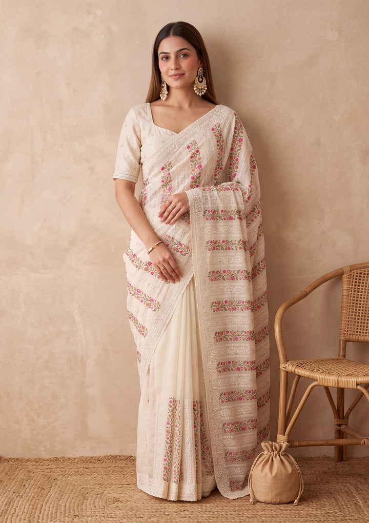 Off White Cotton Threadwork Saree With Matching Blouse Piece