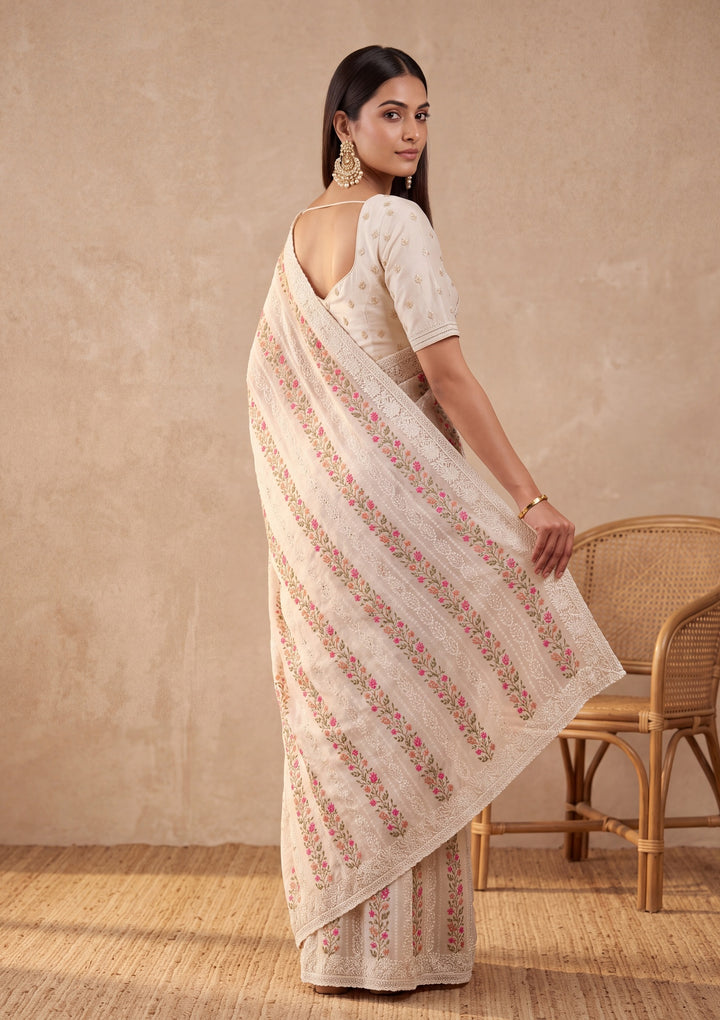 Off White Cotton Threadwork Saree With Matching Blouse Piece