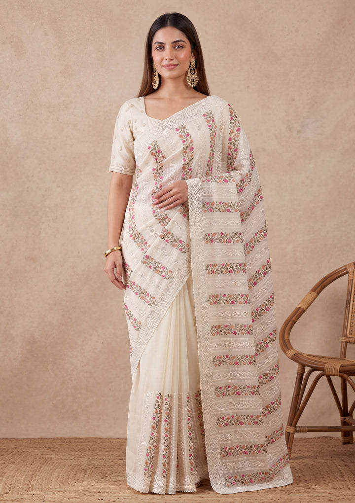 Off White Cotton Threadwork Saree With Matching Blouse Piece