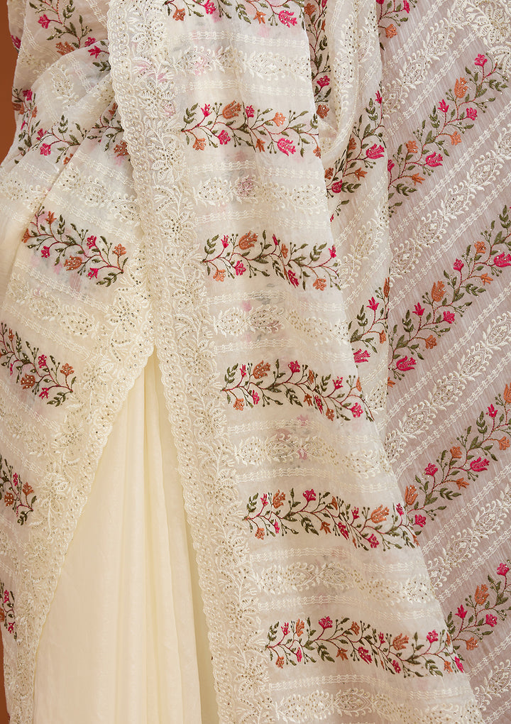 Off White Cotton Threadwork Saree With Matching Blouse Piece