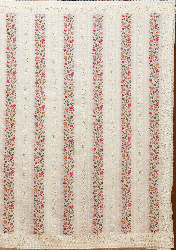 Off White Cotton Threadwork Saree With Matching Blouse Piece