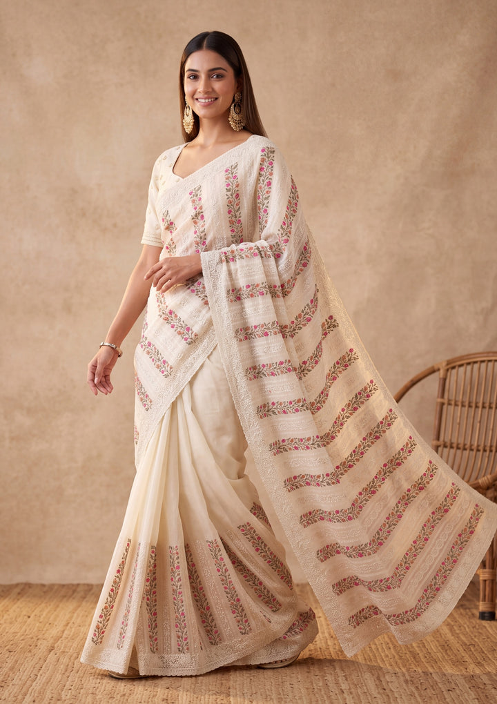 Off White Cotton Threadwork Saree With Matching Blouse Piece