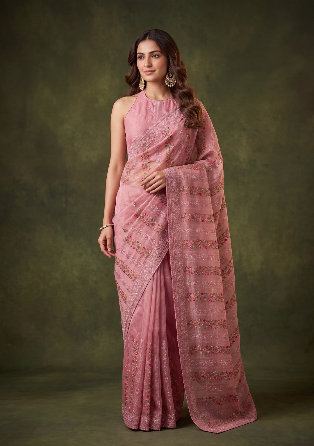 Onion Pink Cotton Threadwork Saree With Matching Blouse Piece