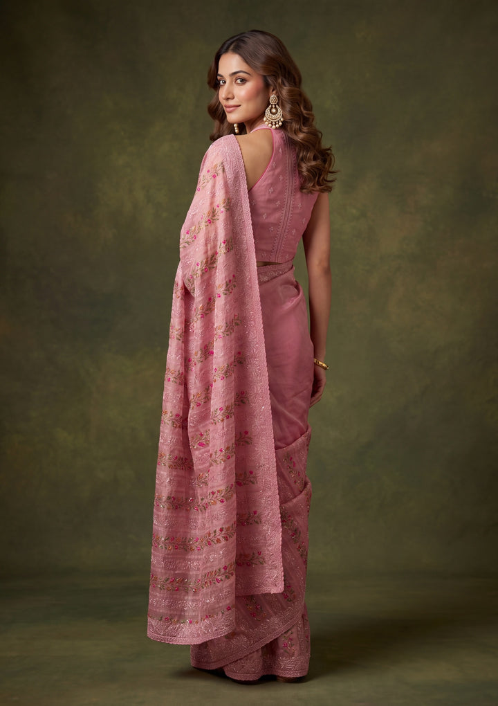 Onion Pink Cotton Threadwork Saree With Matching Blouse Piece