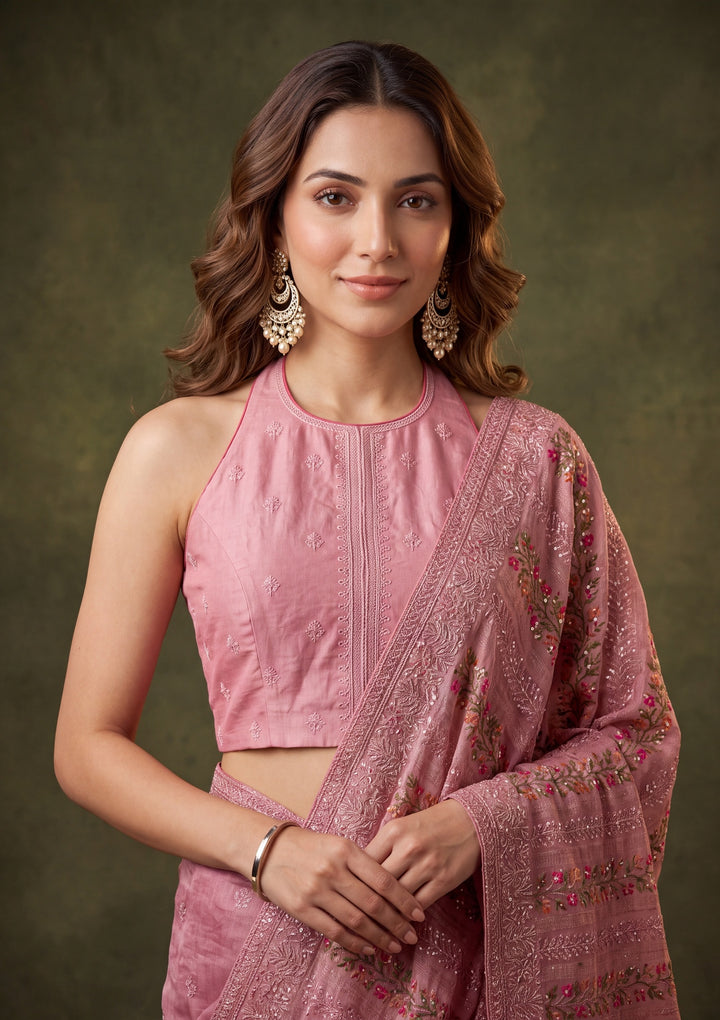 Onion Pink Cotton Threadwork Saree With Matching Blouse Piece