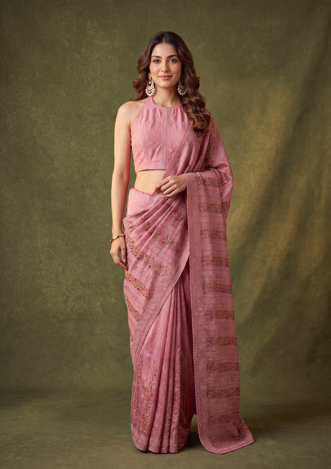 Onion Pink Cotton Threadwork Saree With Matching Blouse Piece
