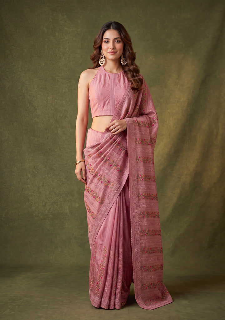 Onion Pink Cotton Threadwork Saree With Matching Blouse Piece