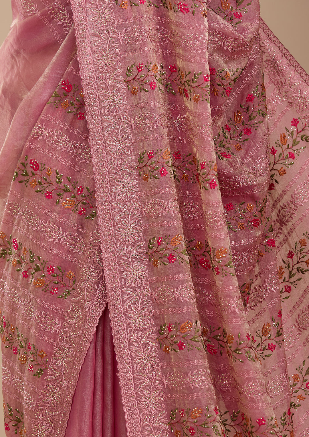 Onion Pink Cotton Threadwork Saree With Matching Blouse Piece