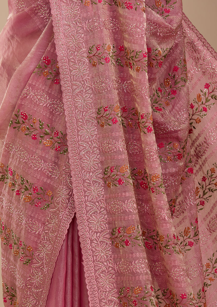 Onion Pink Cotton Threadwork Saree With Matching Blouse Piece