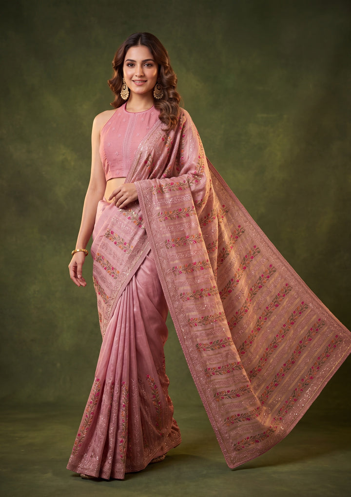 Onion Pink Cotton Threadwork Saree With Matching Blouse Piece