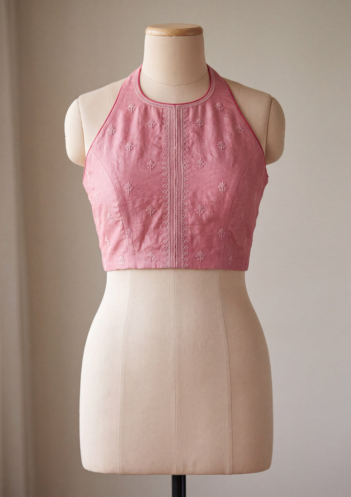 Onion Pink Cotton Threadwork Saree With Matching Blouse Piece