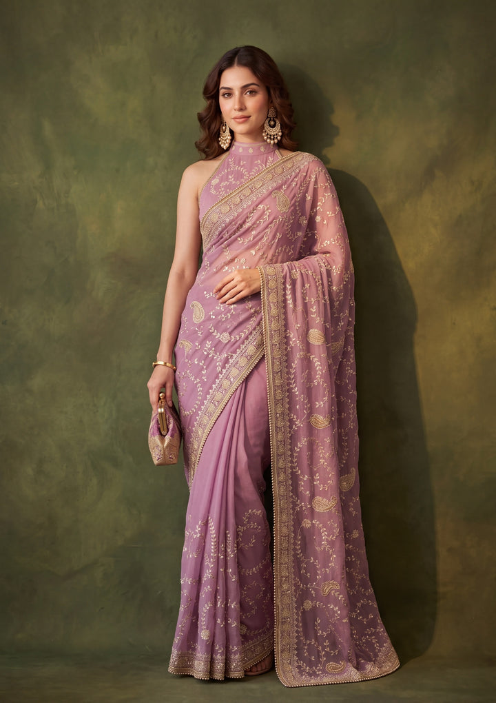 Lavender Tissue Gold Zariwork Saree With Matching Blouse Piece