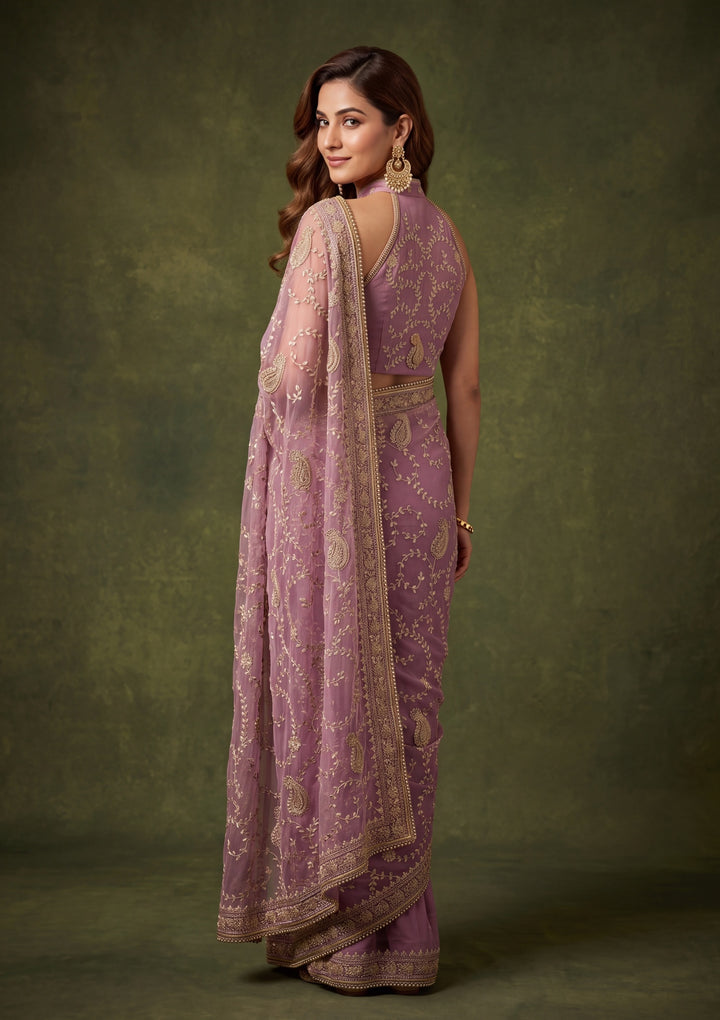Lavender Tissue Gold Zariwork Saree With Matching Blouse Piece