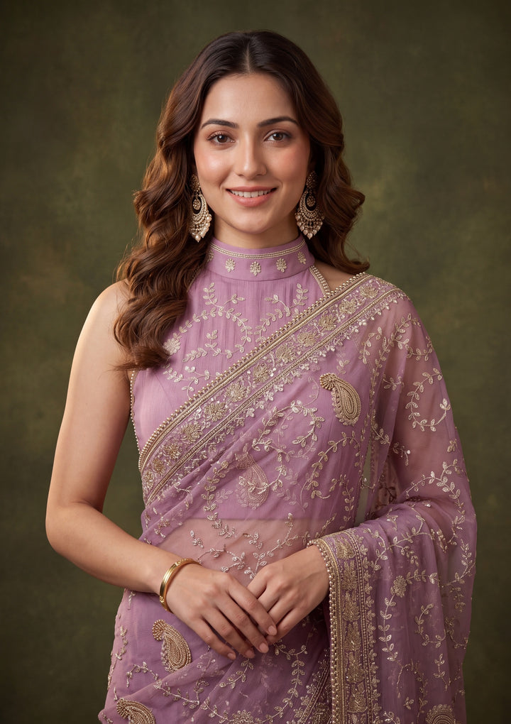 Lavender Tissue Gold Zariwork Saree With Matching Blouse Piece