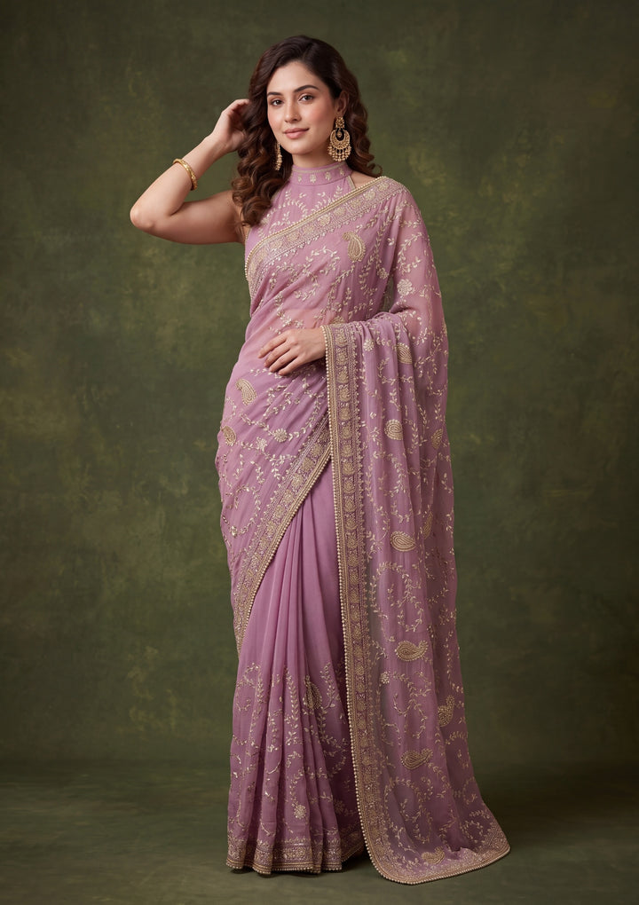 Lavender Tissue Gold Zariwork Saree With Matching Blouse Piece