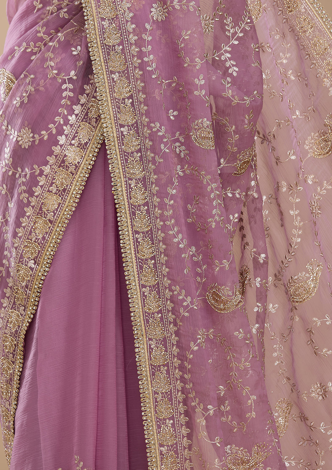Lavender Tissue Gold Zariwork Saree With Matching Blouse Piece