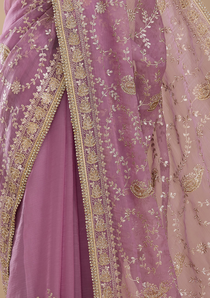 Lavender Tissue Gold Zariwork Saree With Matching Blouse Piece