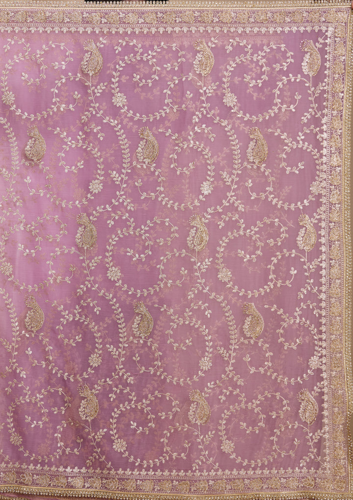 Lavender Tissue Gold Zariwork Saree With Matching Blouse Piece