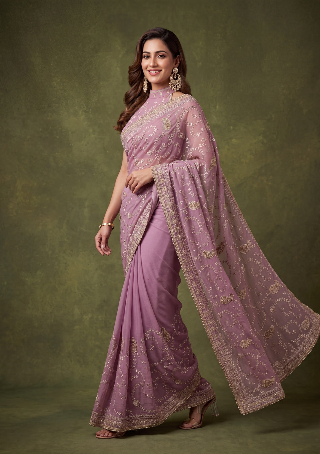 Lavender Tissue Gold Zariwork Saree With Matching Blouse Piece