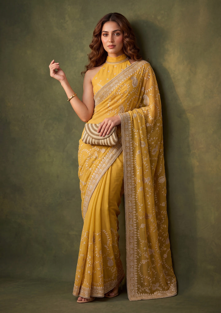 Mustard Yellow Tissue Gold Zariwork Saree With Matching Blouse Piece