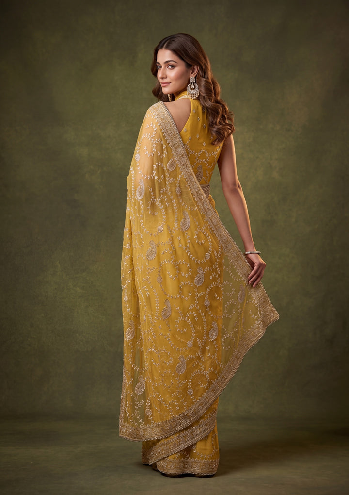 Mustard Yellow Tissue Gold Zariwork Saree With Matching Blouse Piece