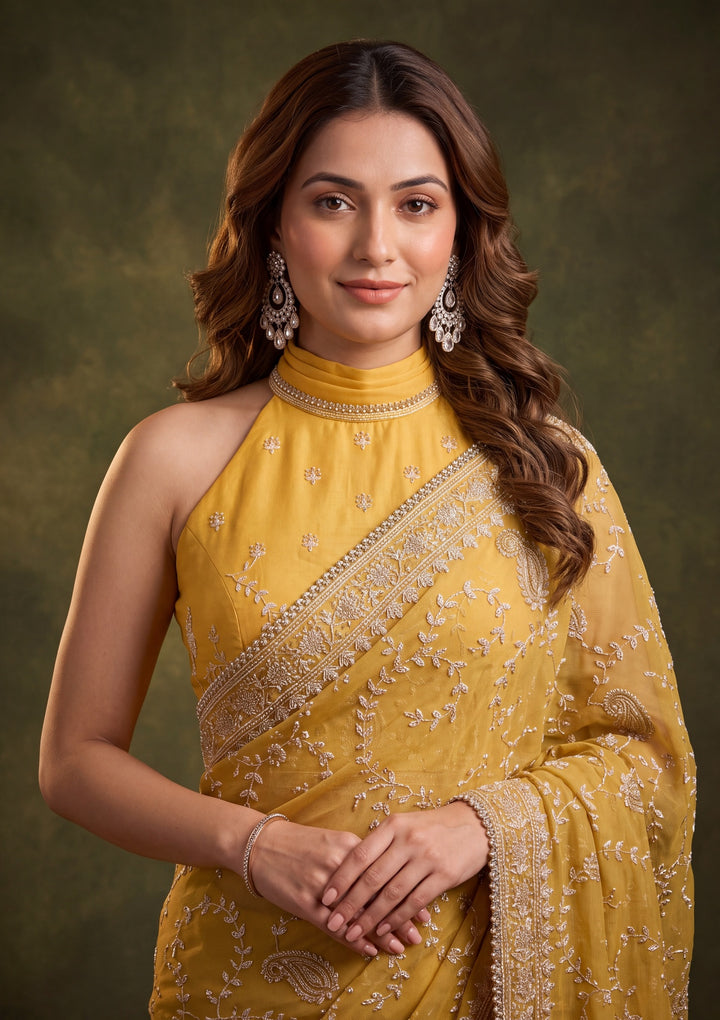 Mustard Yellow Tissue Gold Zariwork Saree With Matching Blouse Piece