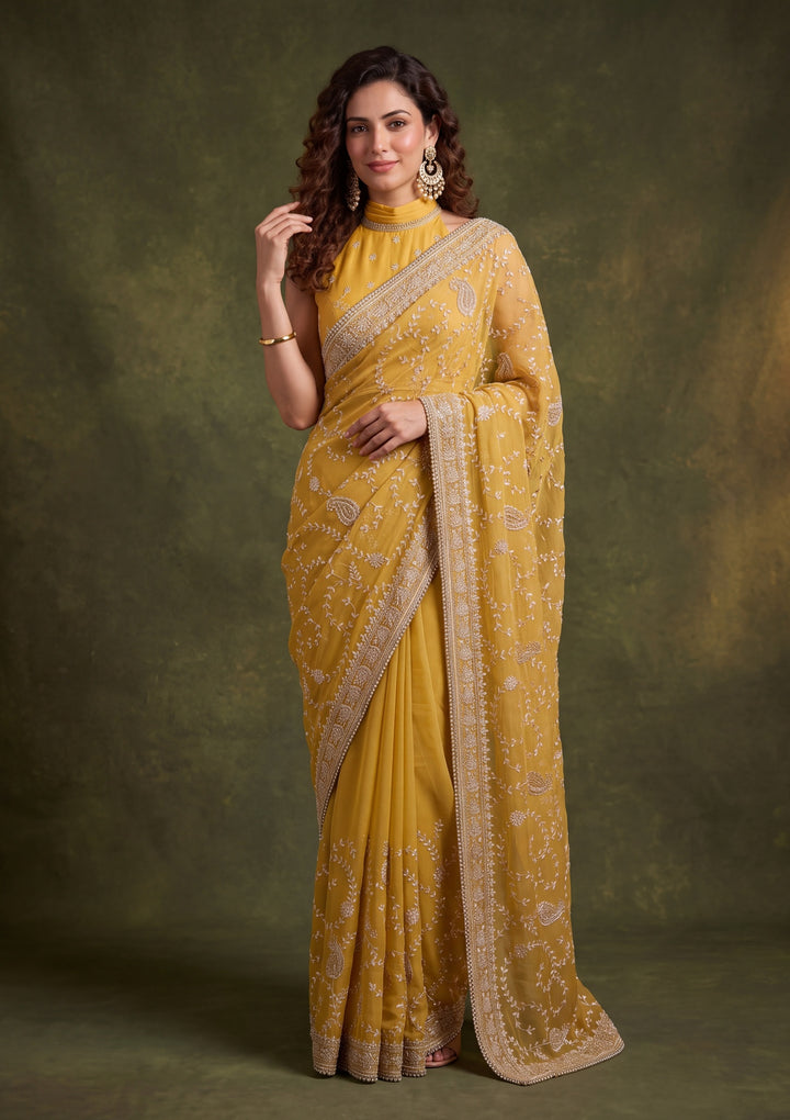 Mustard Yellow Tissue Gold Zariwork Saree With Matching Blouse Piece