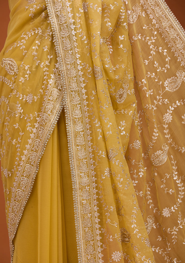 Mustard Yellow Tissue Gold Zariwork Saree With Matching Blouse Piece