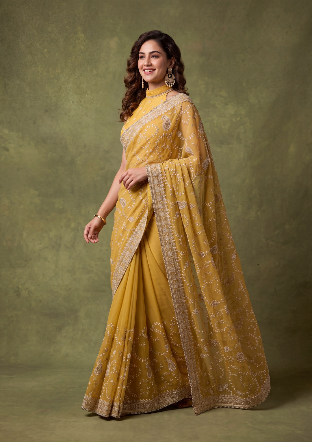 Mustard Yellow Tissue Gold Zariwork Saree With Matching Blouse Piece