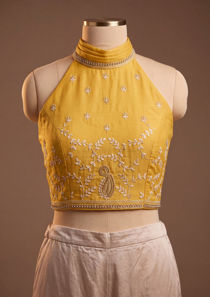 Mustard Yellow Tissue Gold Zariwork Saree With Matching Blouse Piece