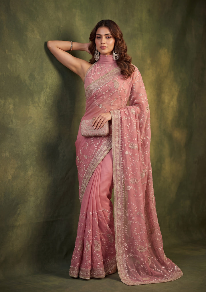 Onion Pink Tissue Gold Zariwork Saree With Matching Blouse Piece