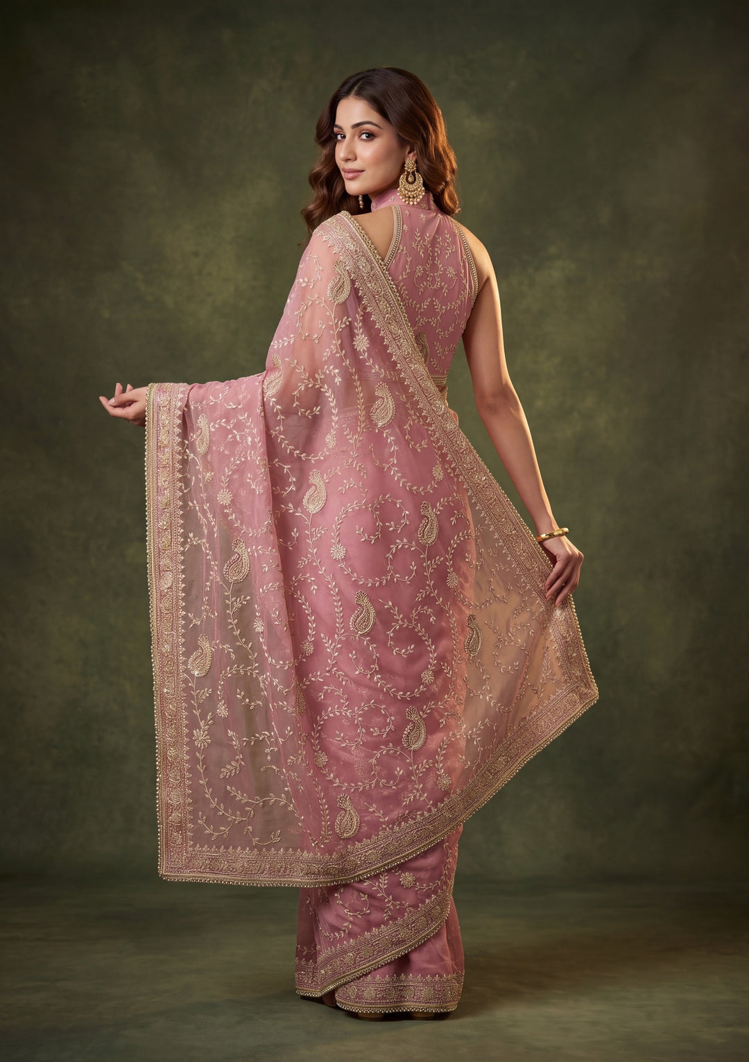 Onion Pink Tissue Gold Zariwork Saree With Matching Blouse Piece