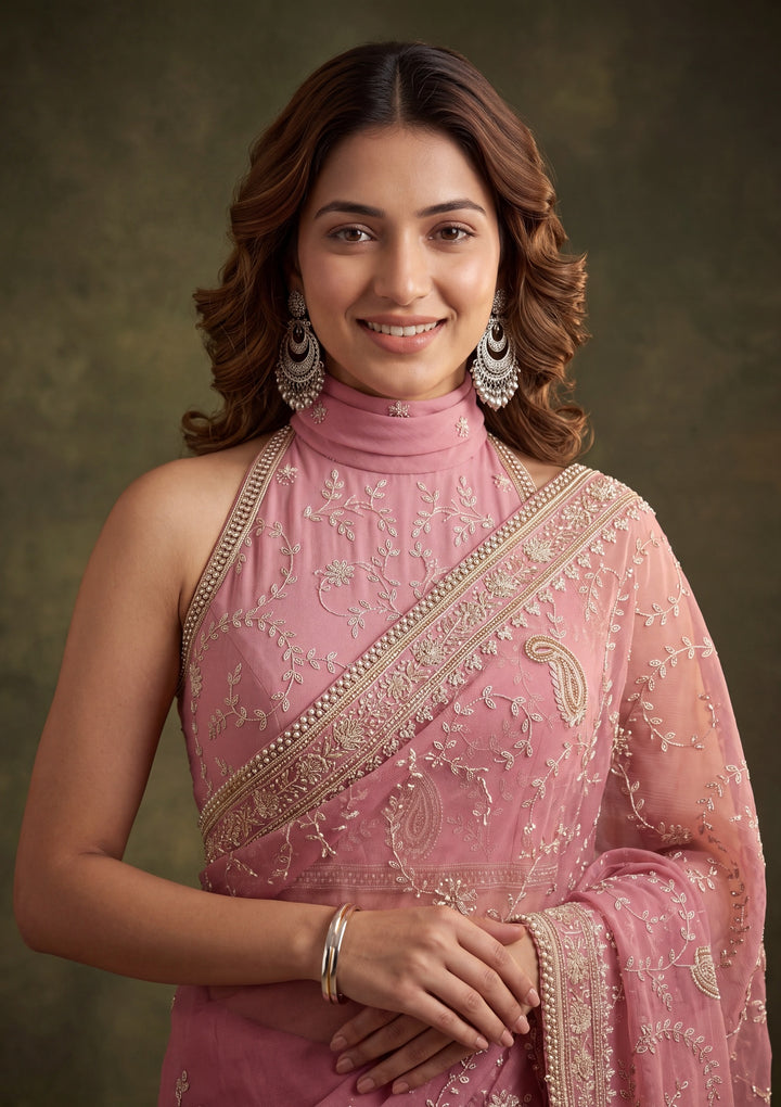 Onion Pink Tissue Gold Zariwork Saree With Matching Blouse Piece